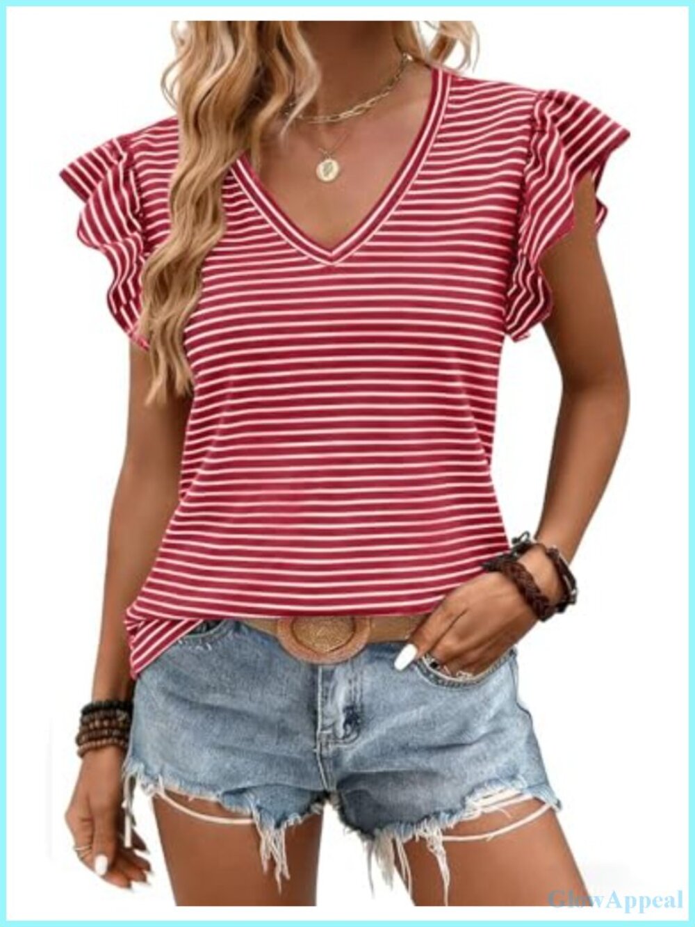 Women's Ruffle Sleeve V-Neck Striped T-Shirt Soft Polyester Rayon Spandex